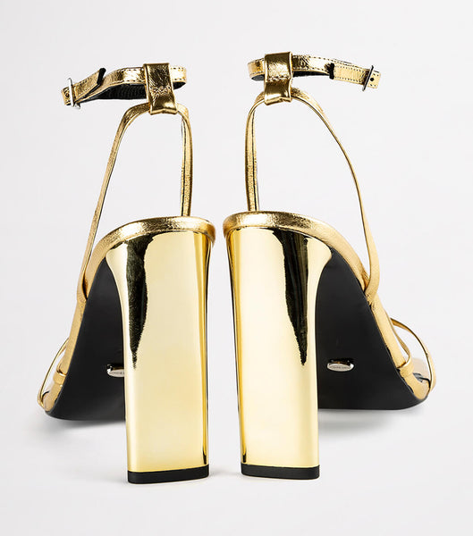 Gold Tony Bianco Fiance Gold Foil 11cm Strappy Heels | ILCIF63679