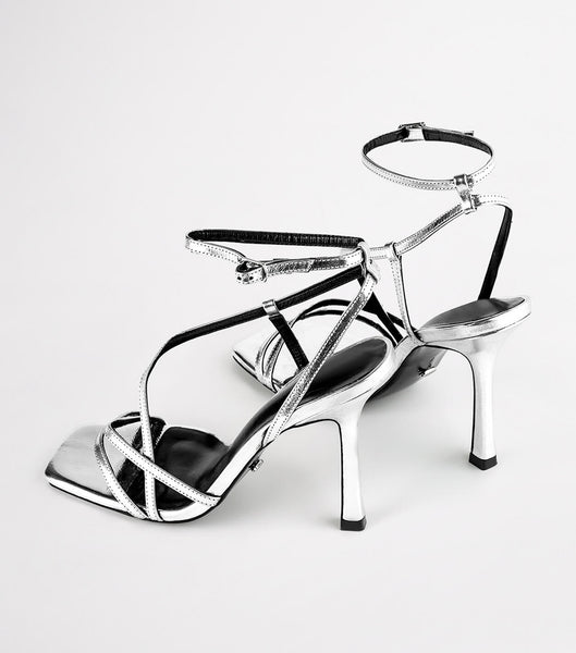 Silver Tony Bianco Franci Silver Foil 10.5cm Strappy Heels | QILWA75946