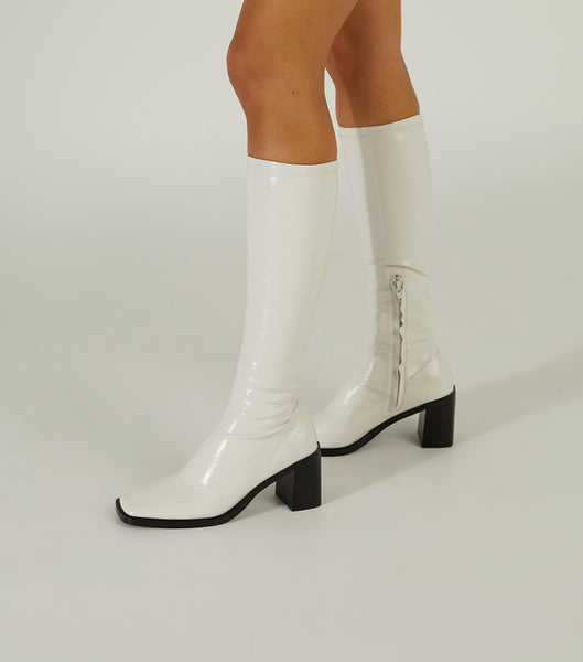 White Tony Bianco Damon Ecru Crinkle Patent 7.5cm Mid Calf Boots | AILWC44379